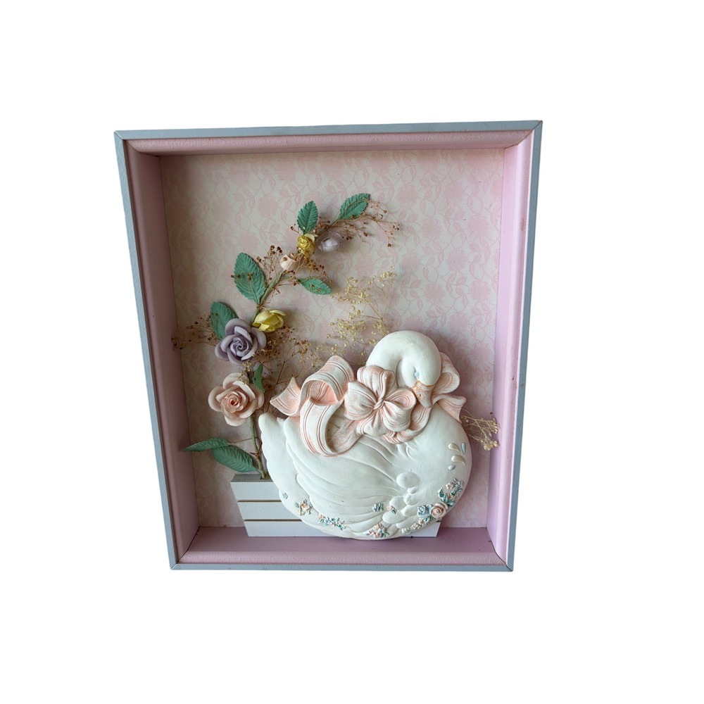 Vintage Pink Swan Shadow Box 3D Floral Wall Art Shabby Chic Cottagecore Decor